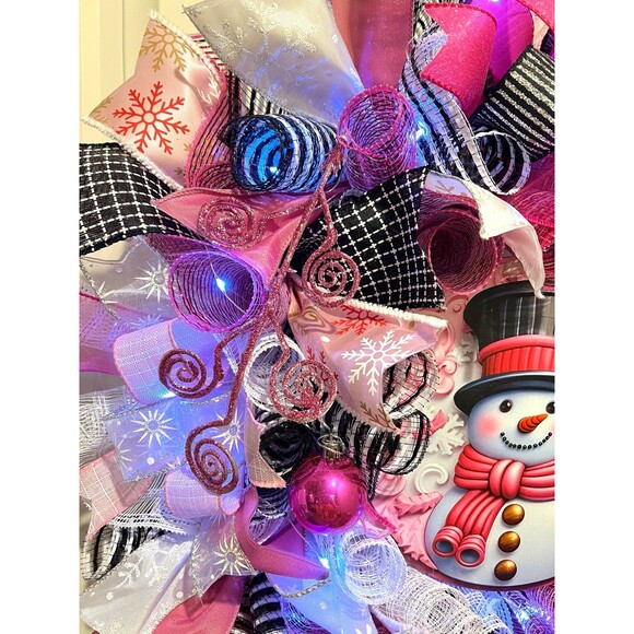 Handmade Bright Top Hat Snowman Holiday Ribbon Door Wreath 22 ins W68 Pink Black - Picture 6 of 12